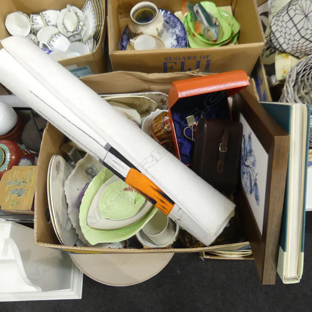 BOX LOT ASST. CHINA, LINENS, EMBROIDERY ARTWORK ETC Image 1++