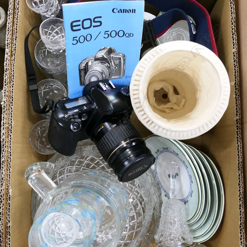 BOX LOT ASST. CRYSTAL; 2 BOWLS, GLASSES + CANON EOS 500 CAMERA Image 1++