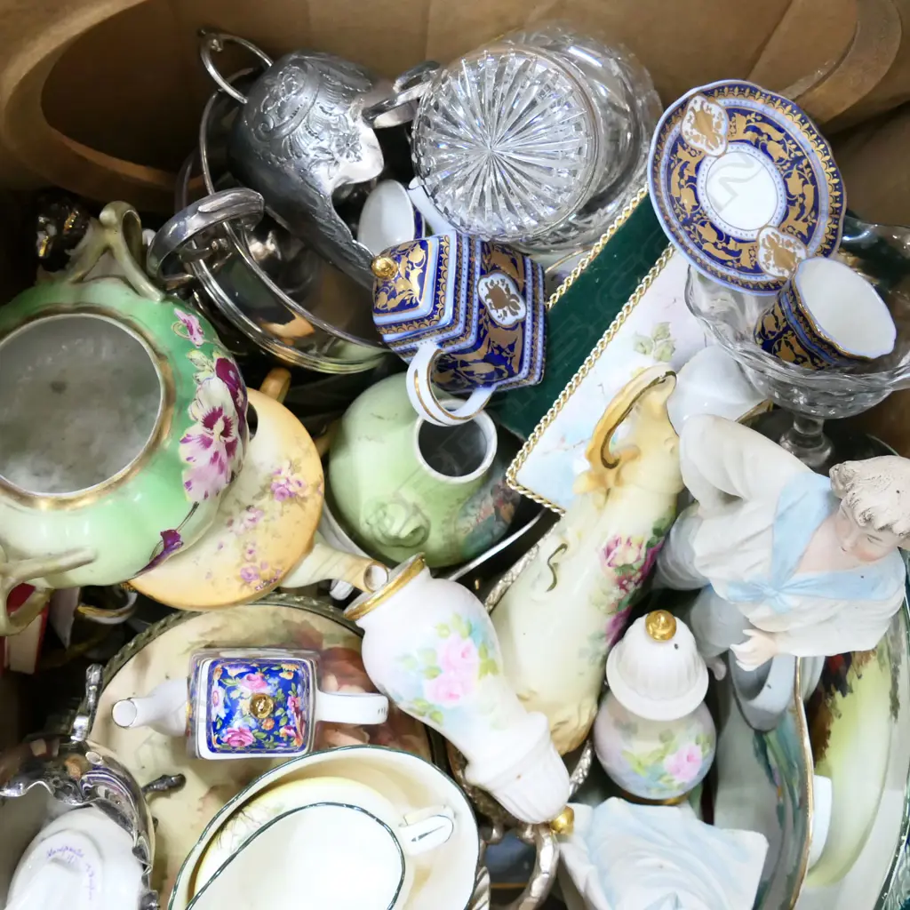 BOX LOT ASST. VICTORIAN CHINA, EP SAUCE BOATS, FIGURINES ETC Image 1++