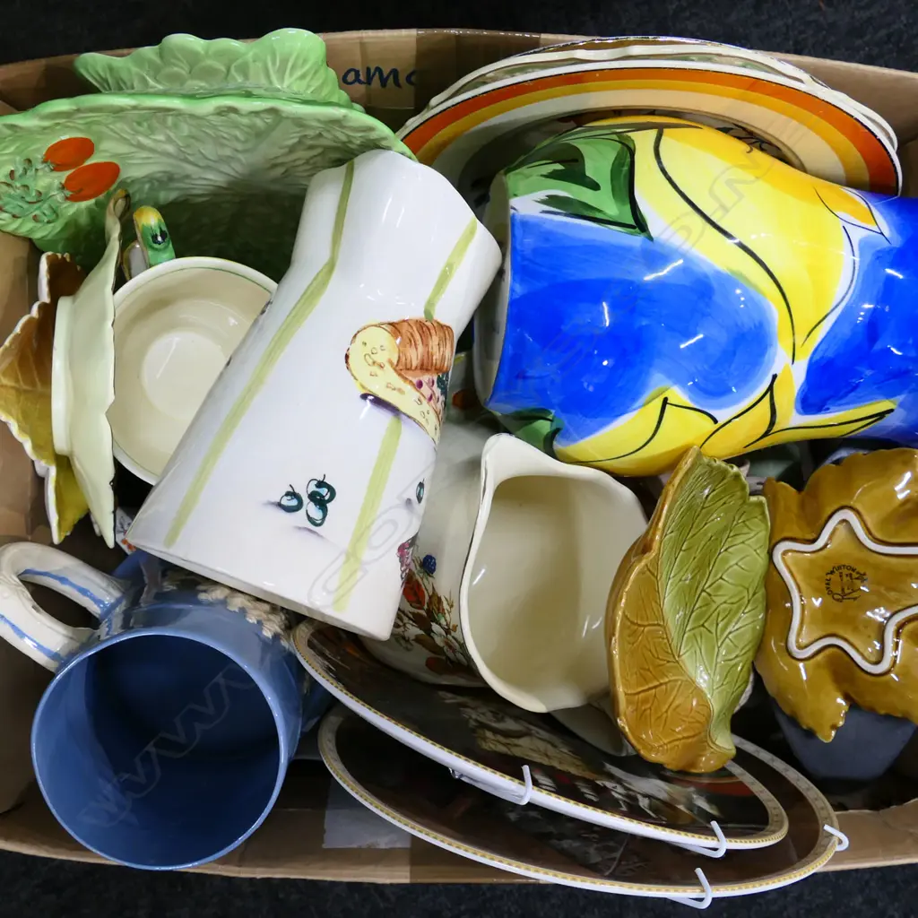 BOX LOT ASST. CHINA; JUGS + OLD IRON ETC Image 1++