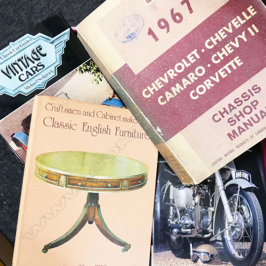 BOX LOT ASST. BOOKS; ANTIQUES / CARS ETC Image 1++