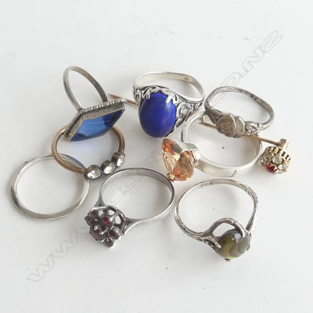 8 ASST RINGS, MOSTLY 925 SILVER + STICK PIN Image 1++