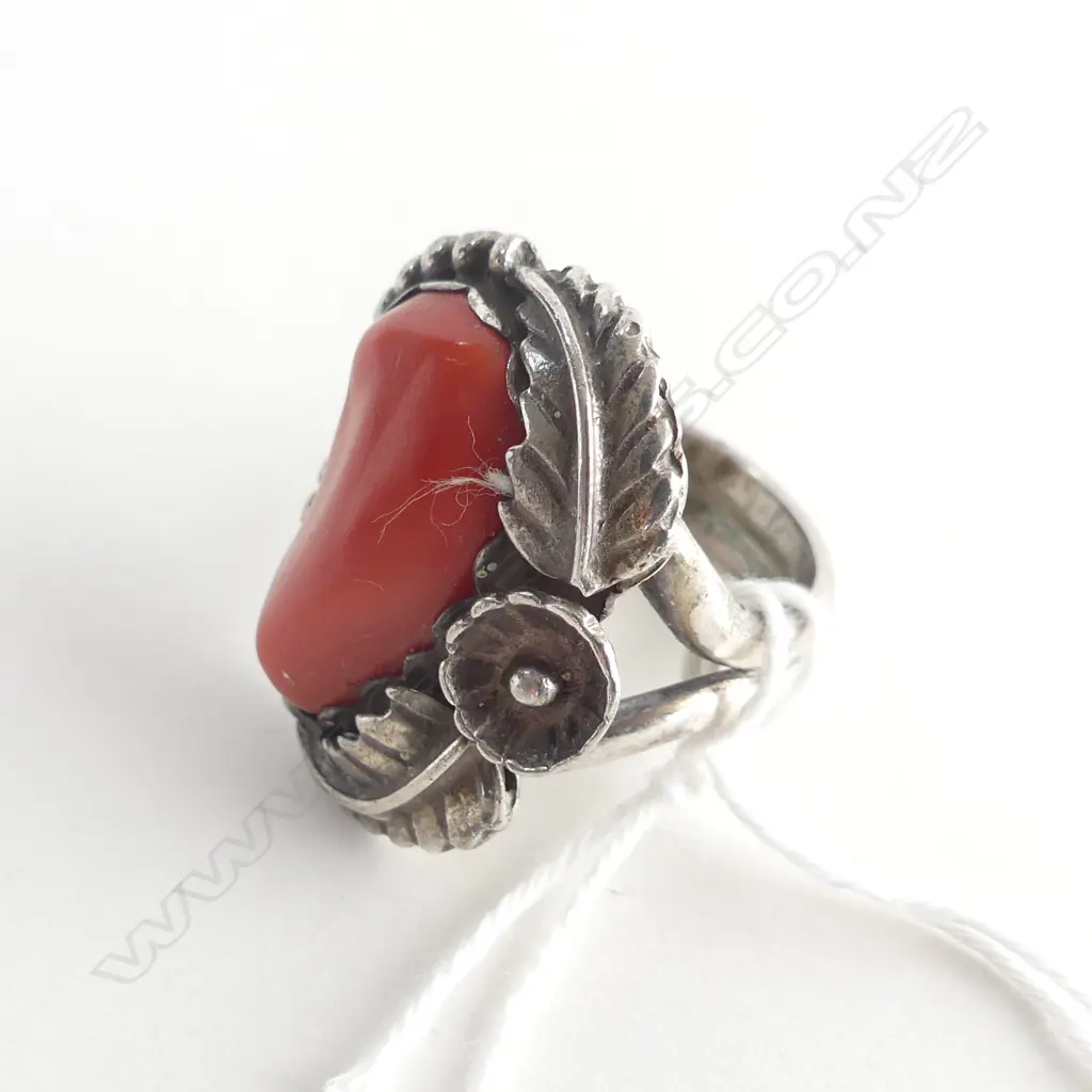 SILVER METAL & RED CORAL RING Image 1++