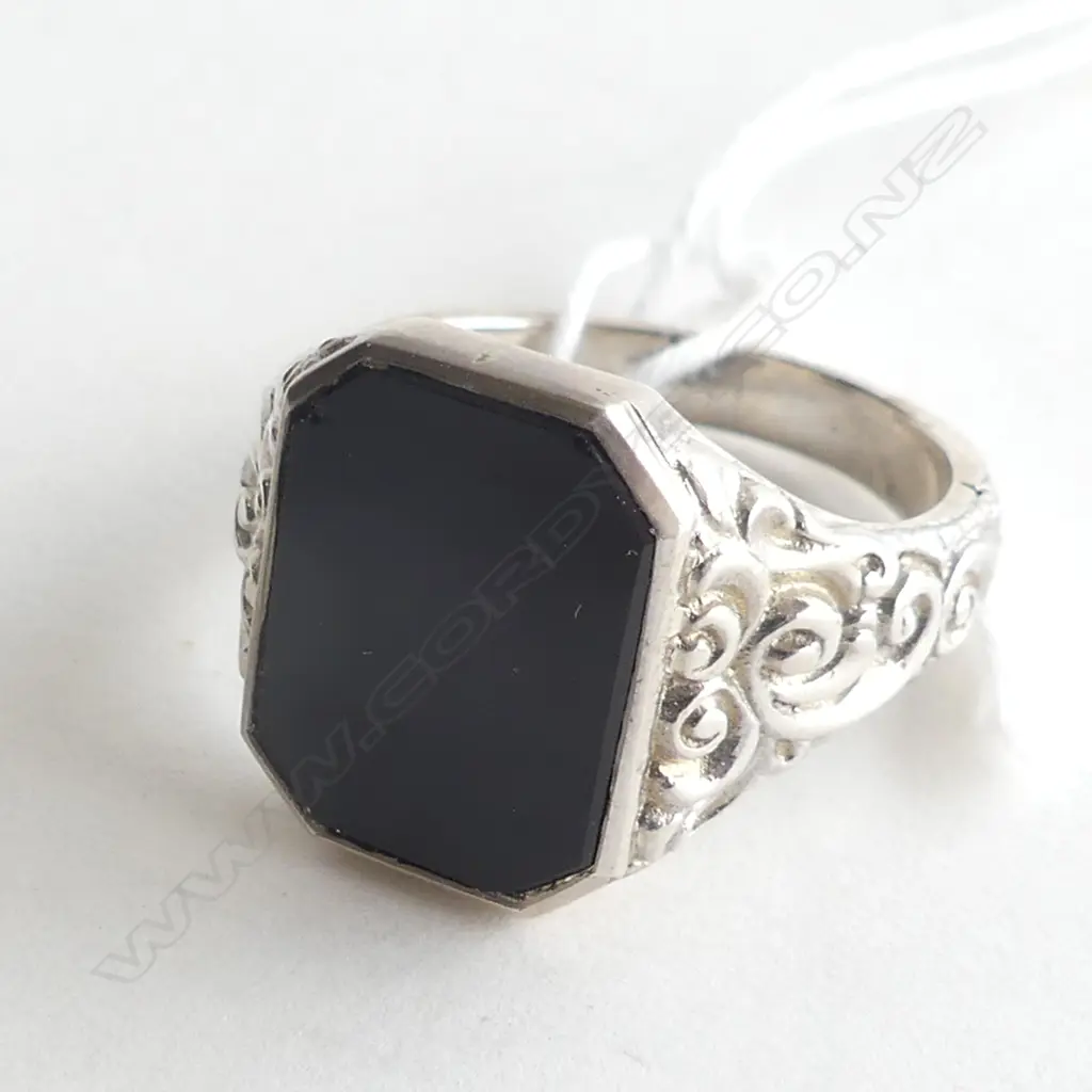ART NOUVEAU 835 SILVER SET ONYX RING  Image 1++