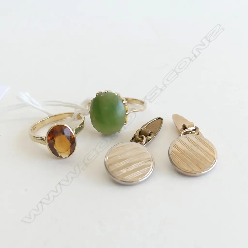 (83) 2 9CT GOLD RINGS POUNAMU AND CITRINE 6.8gm & PAIR GOLD PLATED CUFFLINKS Image 1++