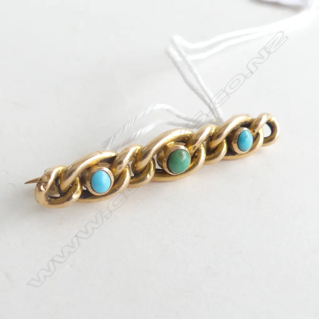 15CT GOLD & TURQUOISE BAR BROOCH 4.3 GRAMS Image 1++