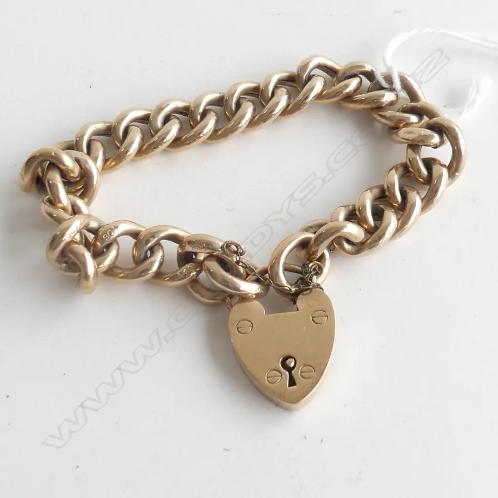 9CT YELLOW GOLD CHAIN BRACELET WITH HEART PADLOCK 16.6GMS Image 1++