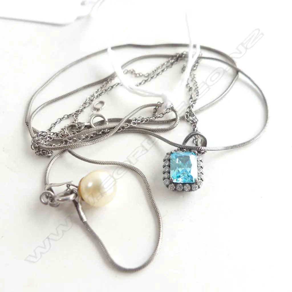 2 STG NECKLACES; BLUE TOPAZ & CZ + PEARL PENDANT 5.8 GRAMS Image 1++