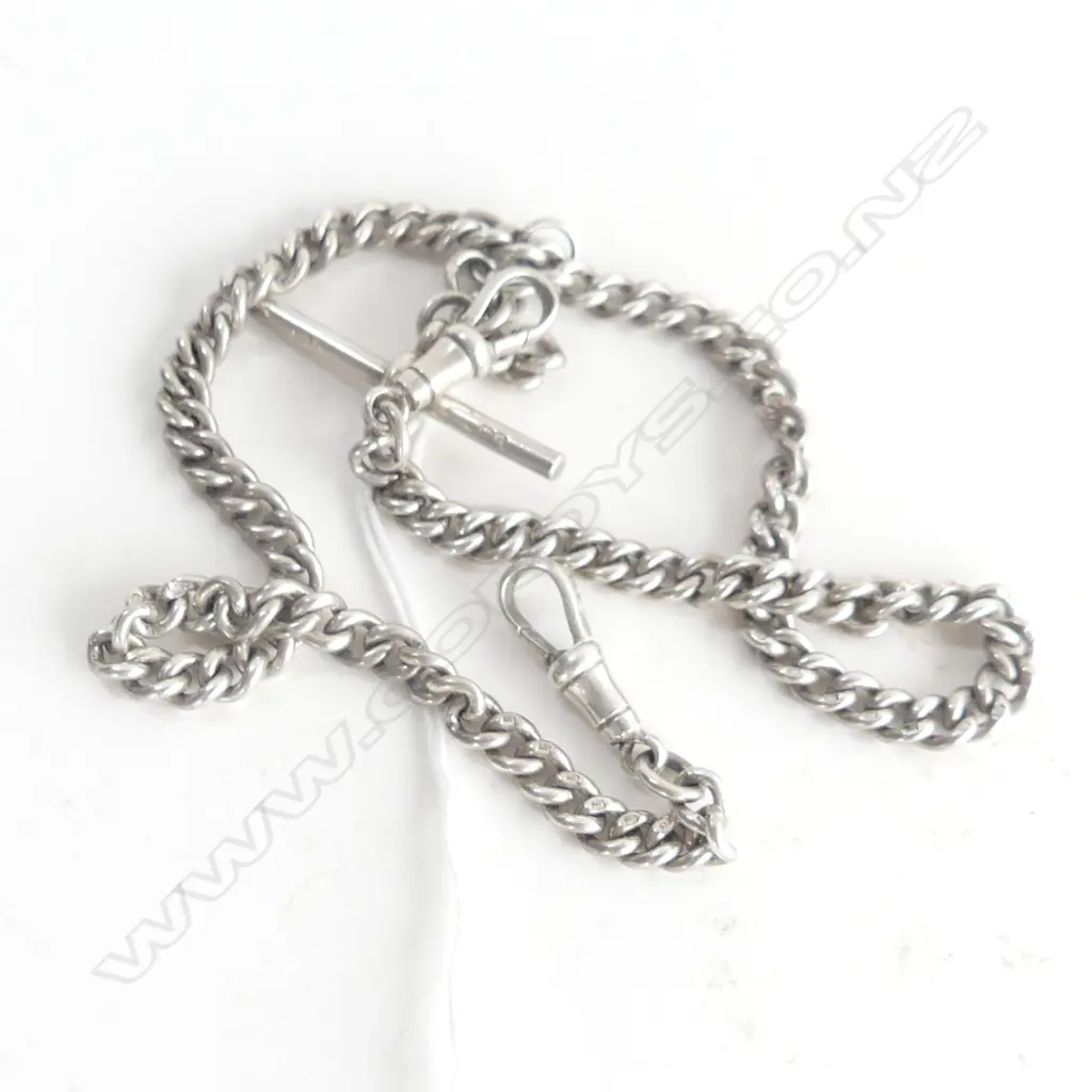 STG SILVER DOUBLE ALBERT FOB CHAIN w. T-BAR 39 GRAMS Image 1++