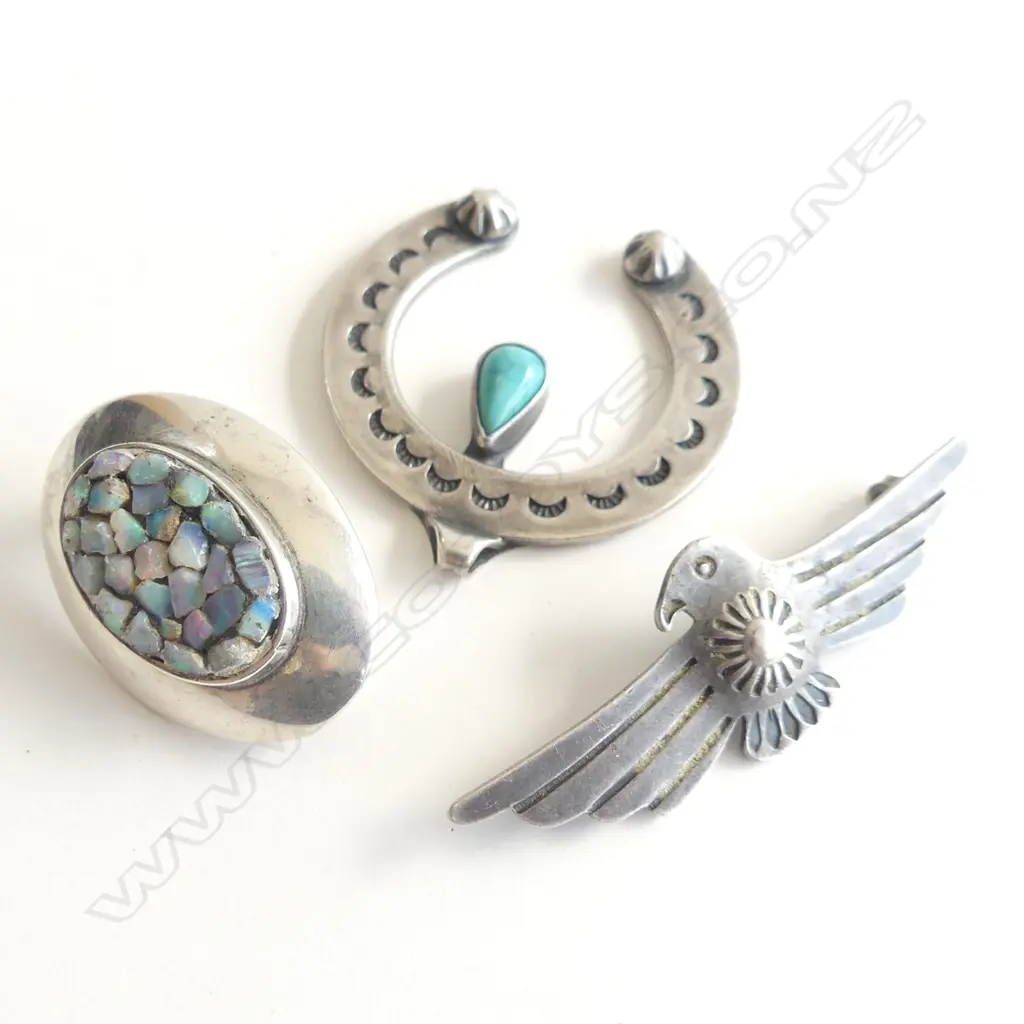 STG SILVER & OPAL CHIP BROOCH + EAGLE BROOCH & TURQUOISE PENDANT Image 1++