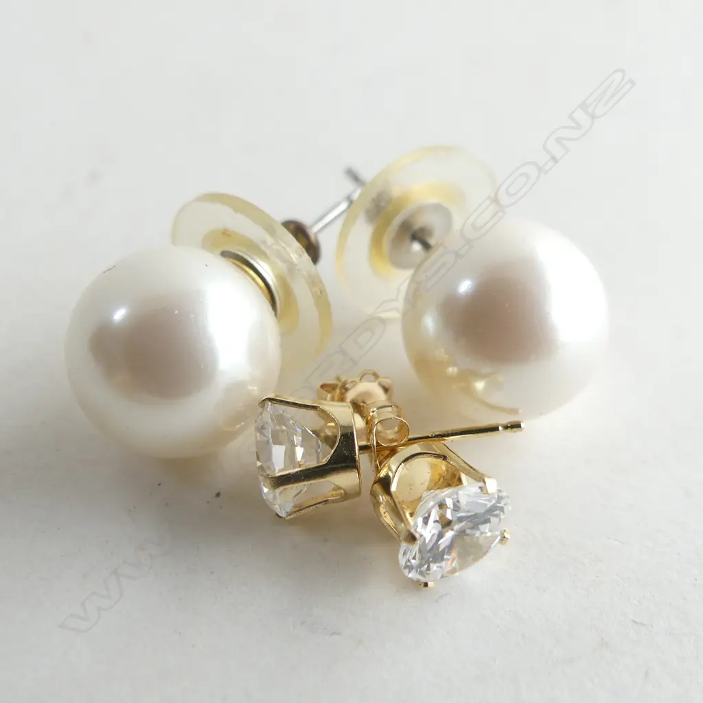 2 PRS EARRINGS; 14CT SILVER GILT CZ + PEARL Image 1++