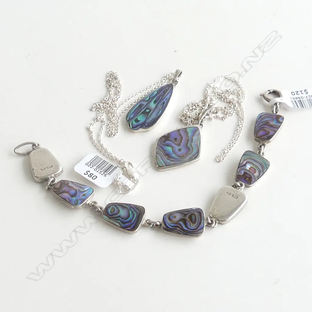 VINTAGE PAUA & STG SILVER; 2 NECKLACES (3.4GM) + BRACELET (9.7GMS) Image 1++