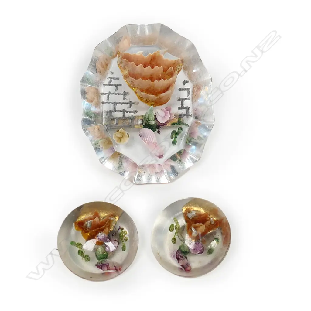 VINTAGE PLASTIC BROOCH & CLIP EARRINGS SET Image 1++