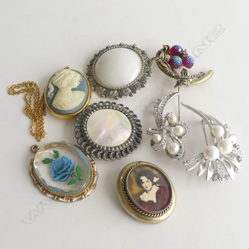 8 ASST COSTUME JEWELLERY PENDANTS & BROOCHES  Image 1++