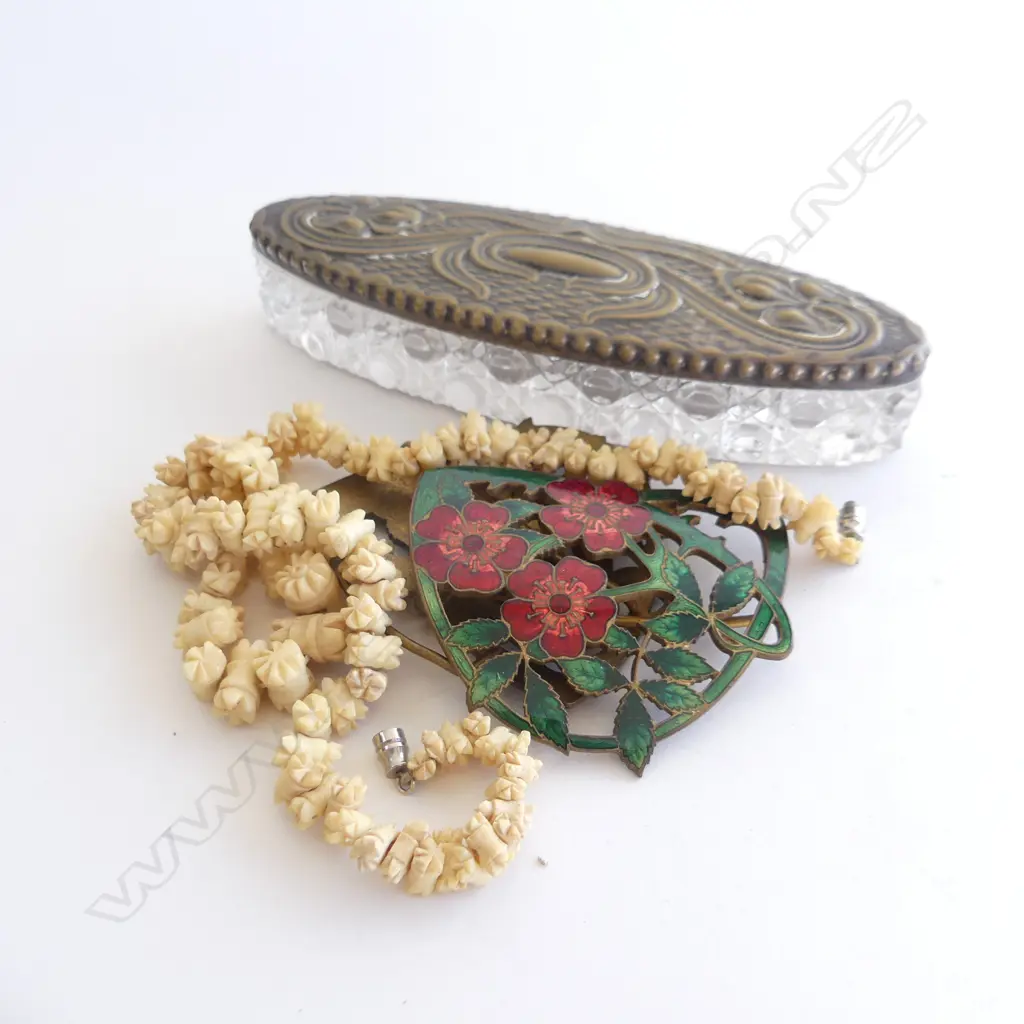 VINTAGE ENAMEL BUCKLE, IVORY NECKLACE, LIDDED CRYSTAL CONTAINER w. 4 FINE STG NECKLACES Image 1++