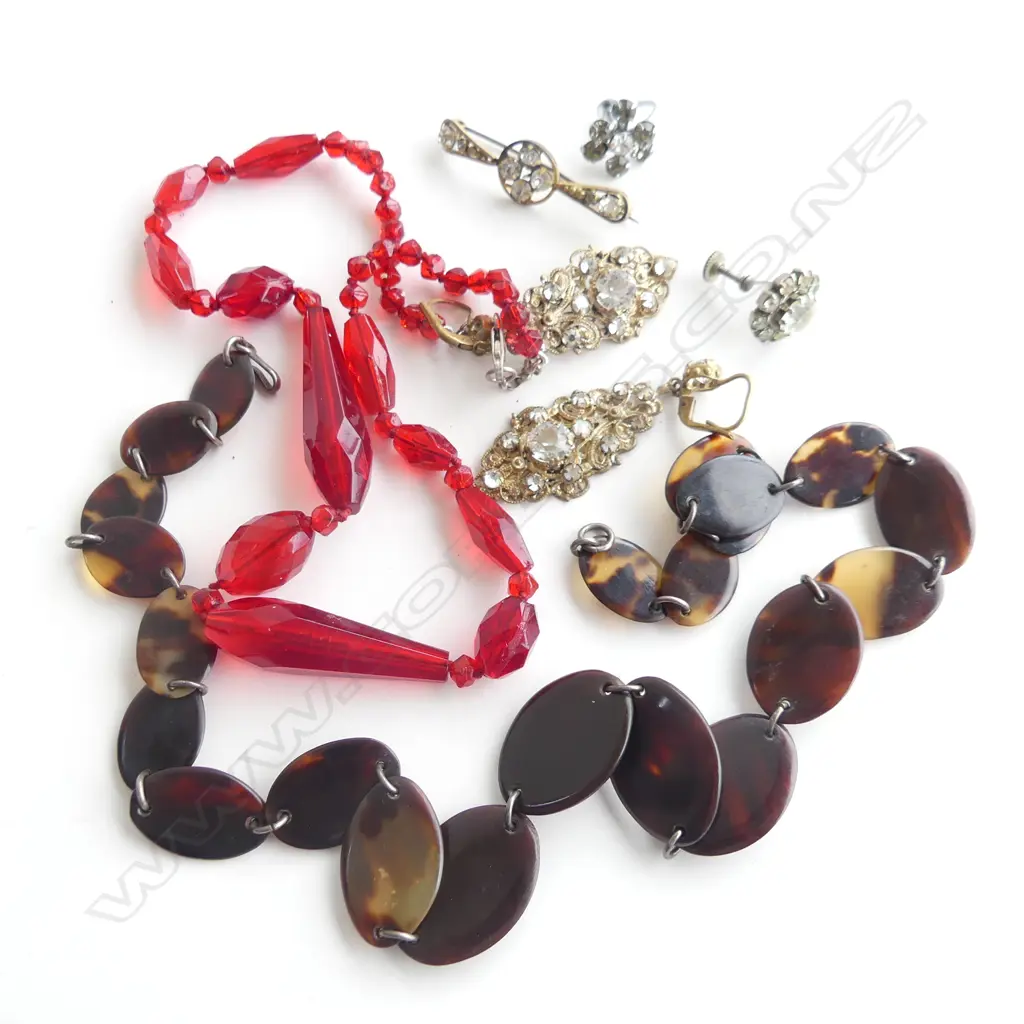 PASTE JEWELLERY BROOCH ETC. + RED BEAD & FAUX TORTOISE SHELL NECKLACES Image 1++