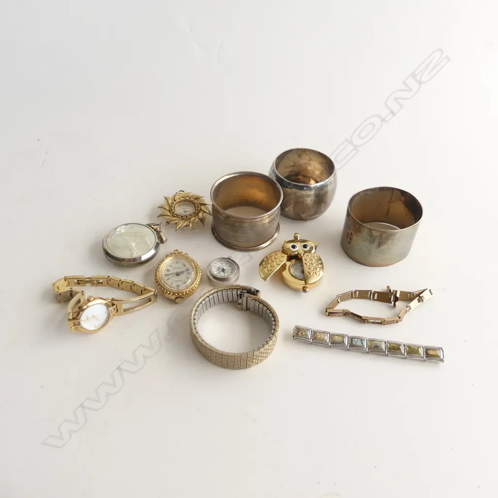 3 STG SILVER NAPKIN RINGS 83 GRAMS + ASST. GOLD TONE COSTUME JEWELLERY, WATCHES, OWL ETC Image 1++