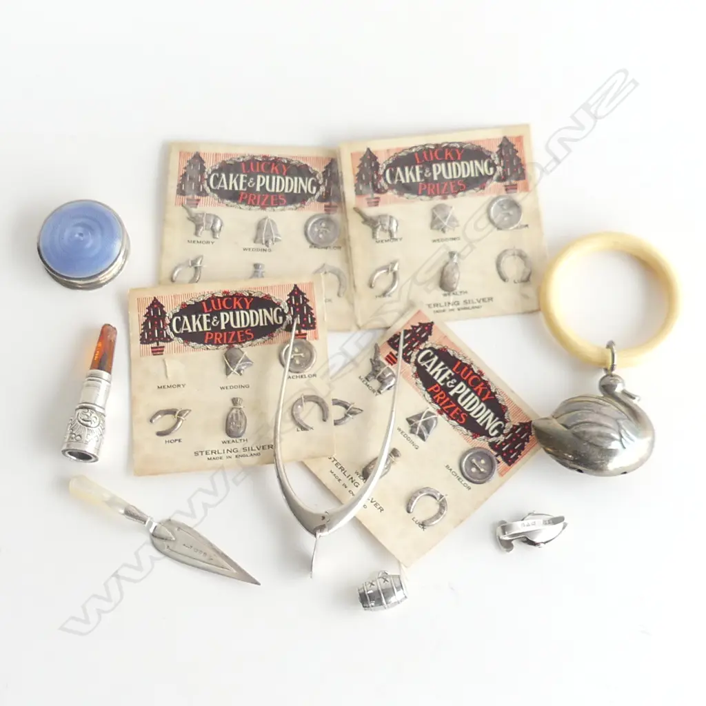 ASST. SILVER ITEMS; WISHBONE SUGAR NIPS, CHARMS, IVORY & EP SWAN BABBLE RATTLE Image 1++
