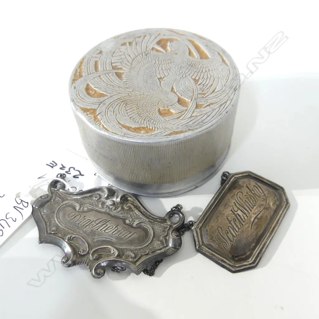3 ITEMS. " FLEUR DAMOUR " CONTAINER MARKED " LALIQUE" PLUS STERLING DRY SHERRY LABEL &  SCOTCH WHISKEY LABEL Image 1++