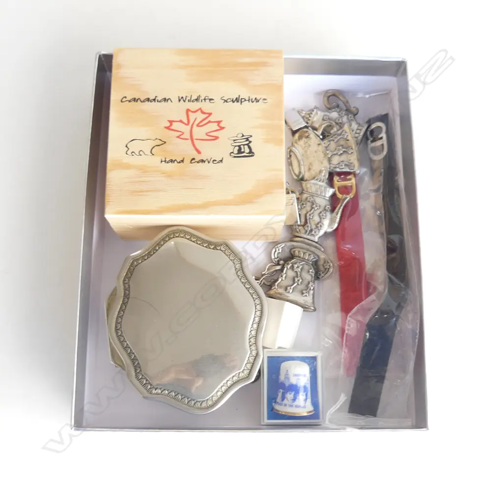SM BOX ASST INCL CANADIAN JADE SCULPTURE, TABLECLOTH WEIGHTS, BEATLES MEMORABILIA, SILVERPLATE BOX ETC.. Image 1++