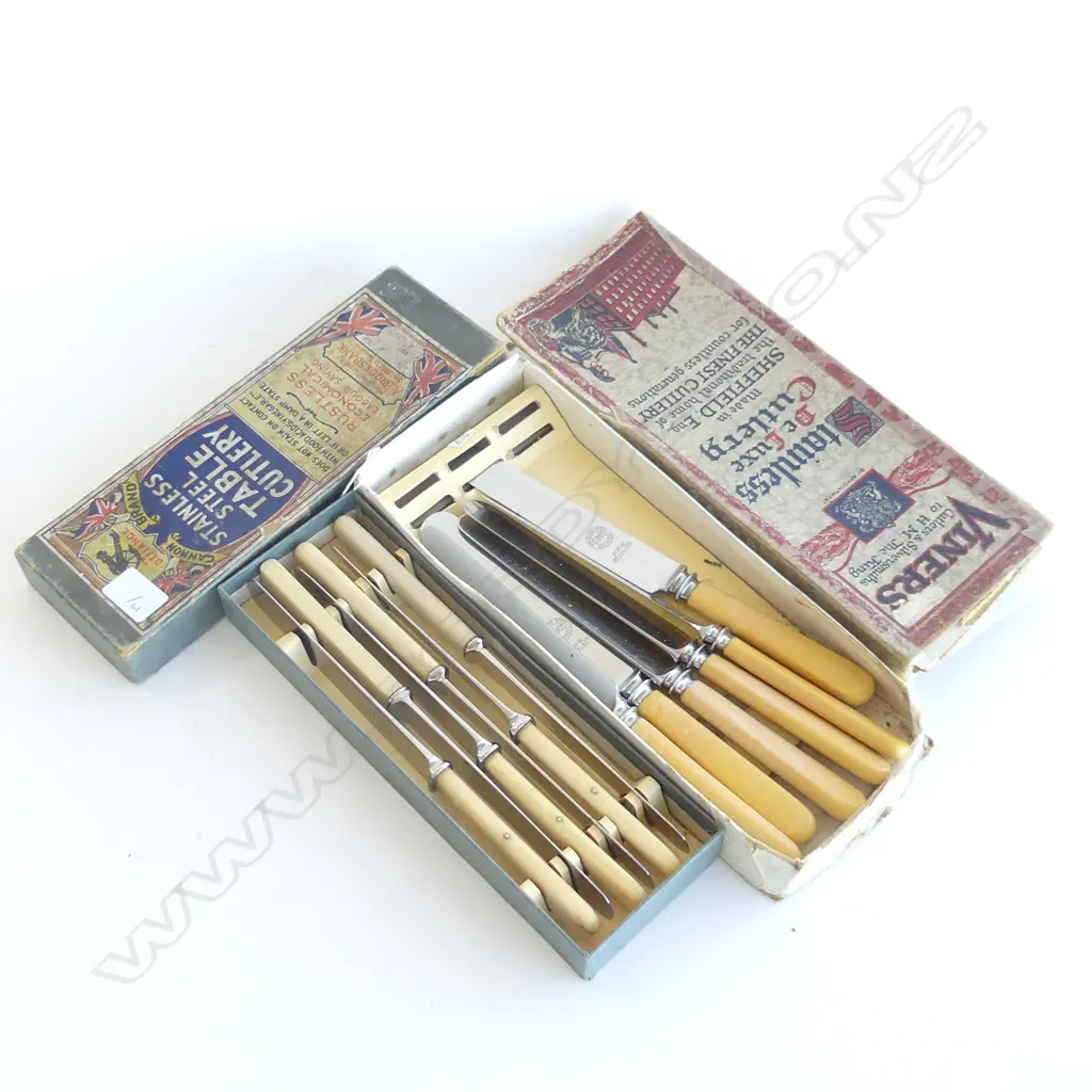 2 SETS 6 IVORINE 'BONE' HANDLED KNIVES, BOXED Image 1++