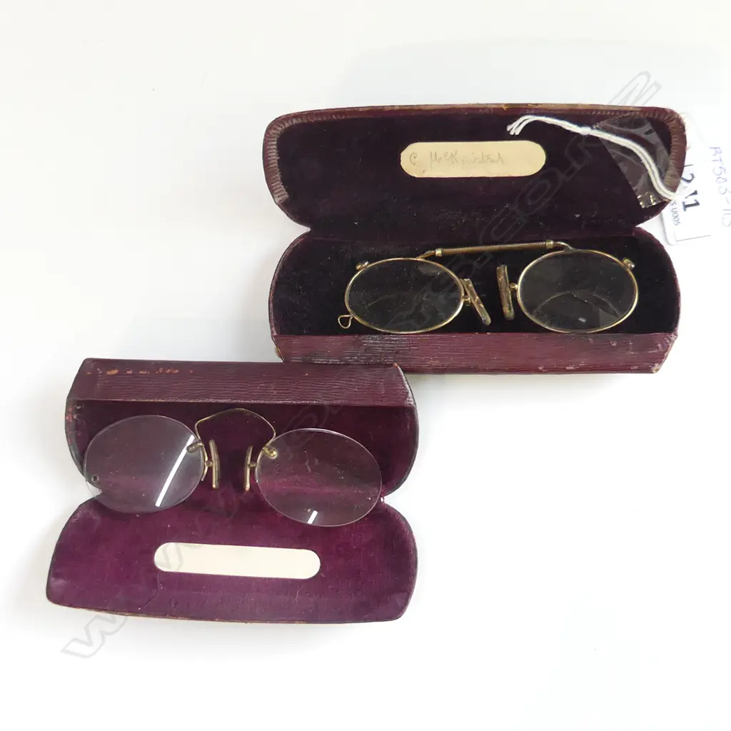2 PRS ANTIQUE GOLD PLATED PINCE-NEZ SPECTACLES IN CASES, BELFAST & GLASGOW Image 1++
