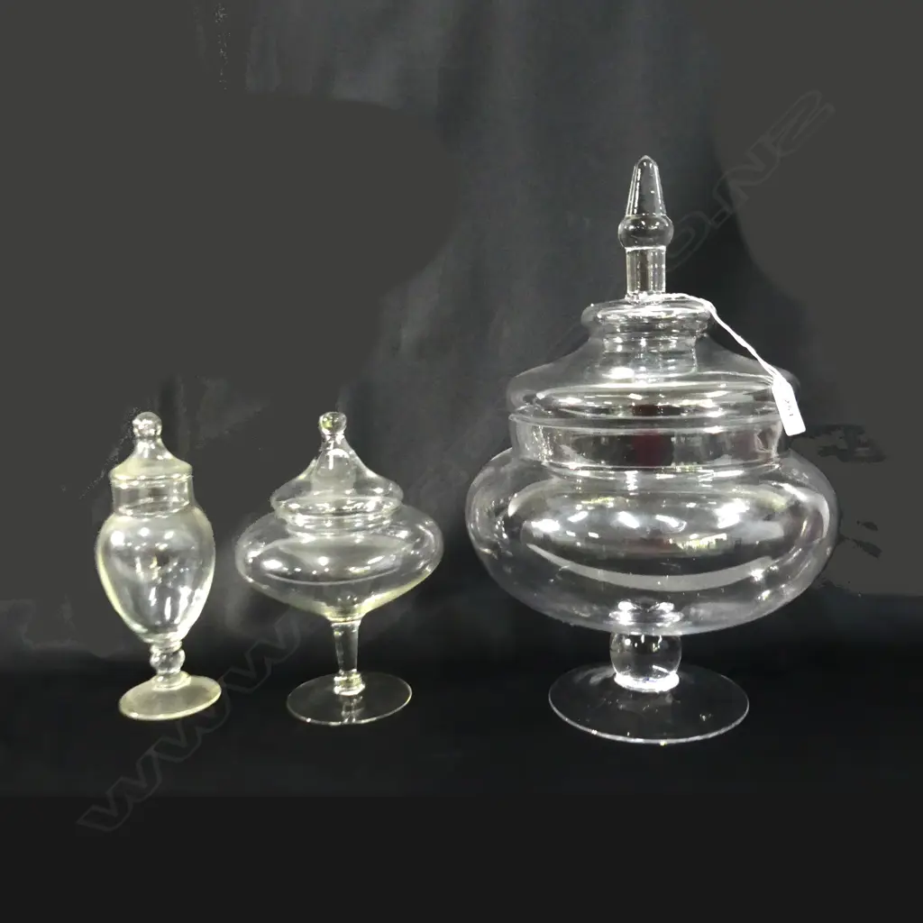 3 ASST SIZED GLASS CONTAINERS W LIDS (LARGEST DIA 260 H. 400MM)  Image 1++