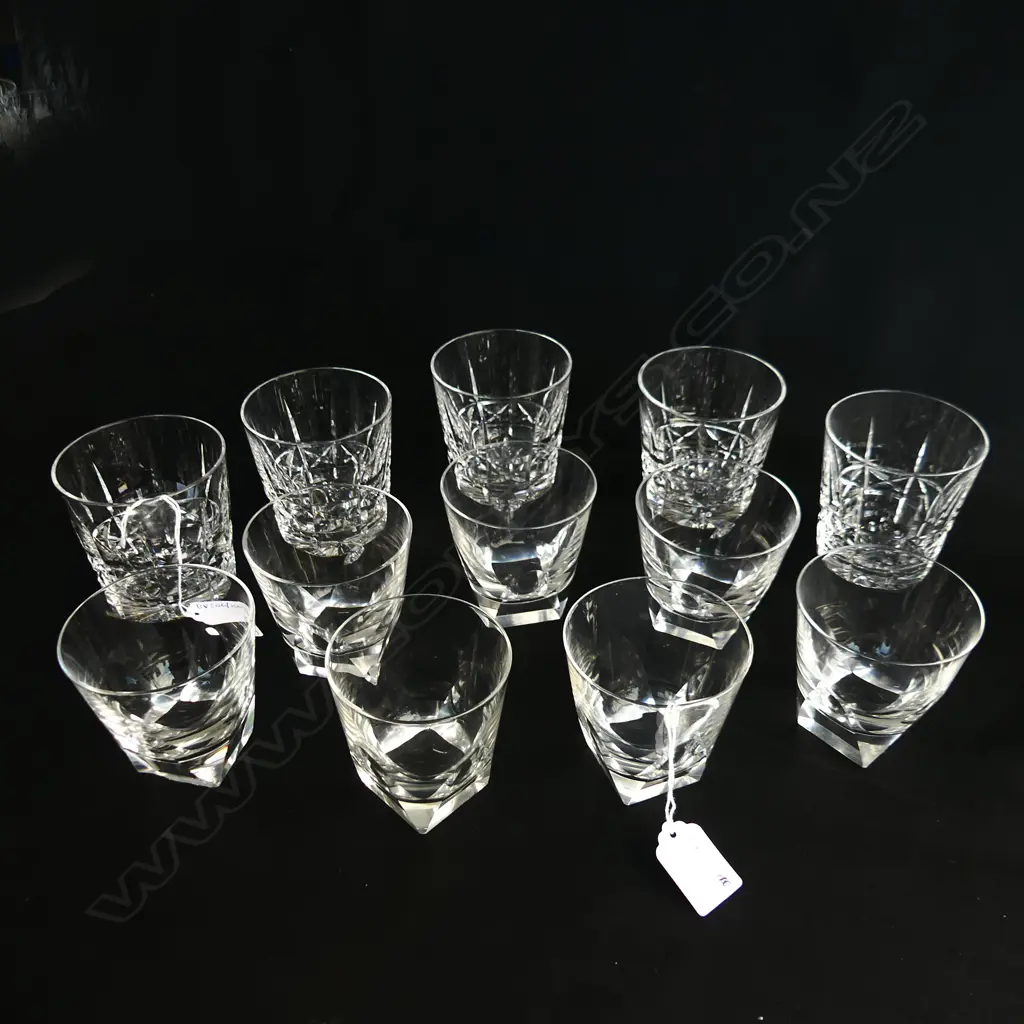 5 CUT CRYSTAL WHISKEY TUMBLERS + 7 FACETED SMALLER TUMBLERS ONE A/F Image 1++