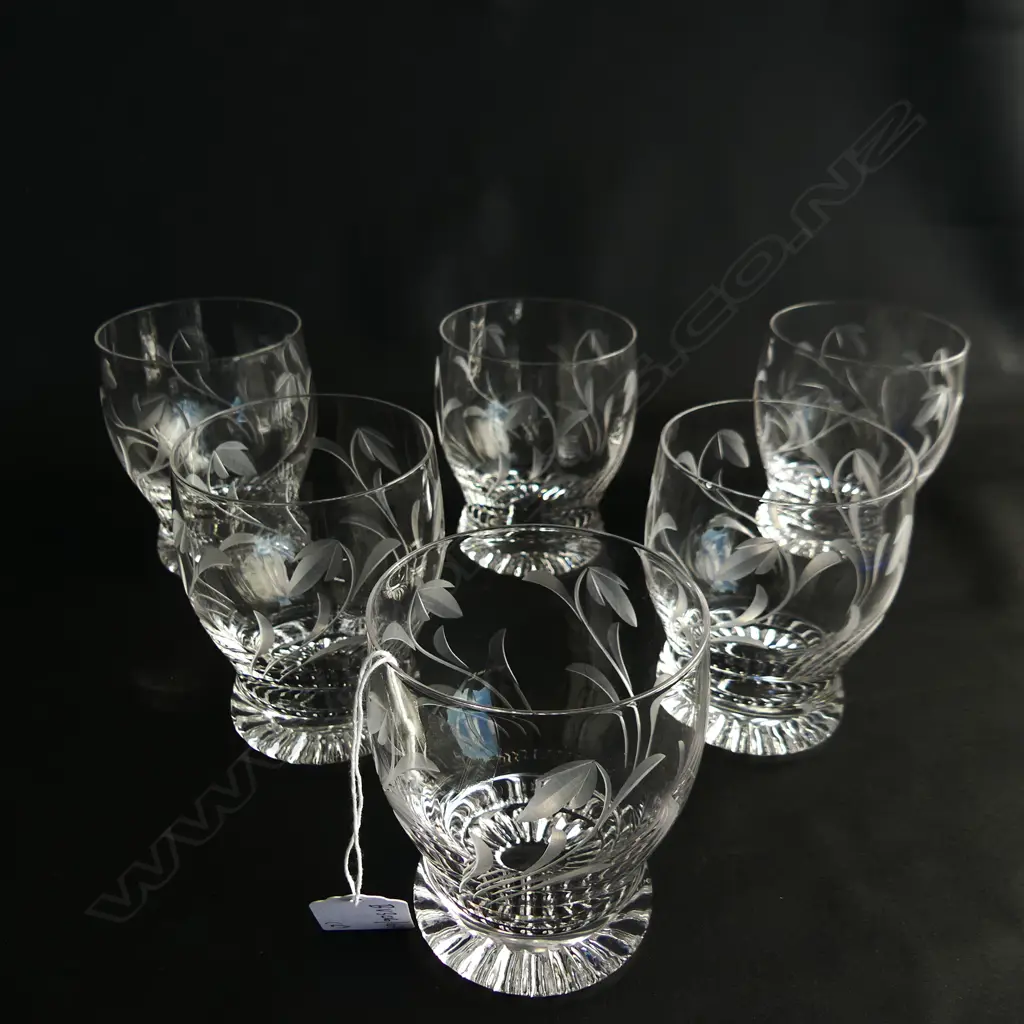 6 STUART ETCHED WHISKEY TUMBLERS H 100 MM ONE WITH SMALL RIM CHIP Image 1++