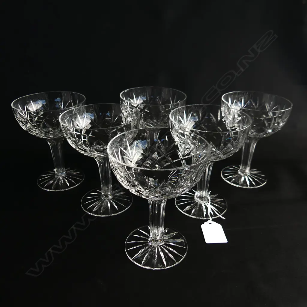 6 CUT CRYSTAL HOLLOW STEM CHAMPAGNE GLASSES H 120 MM ONE CHIPPED Image 1++