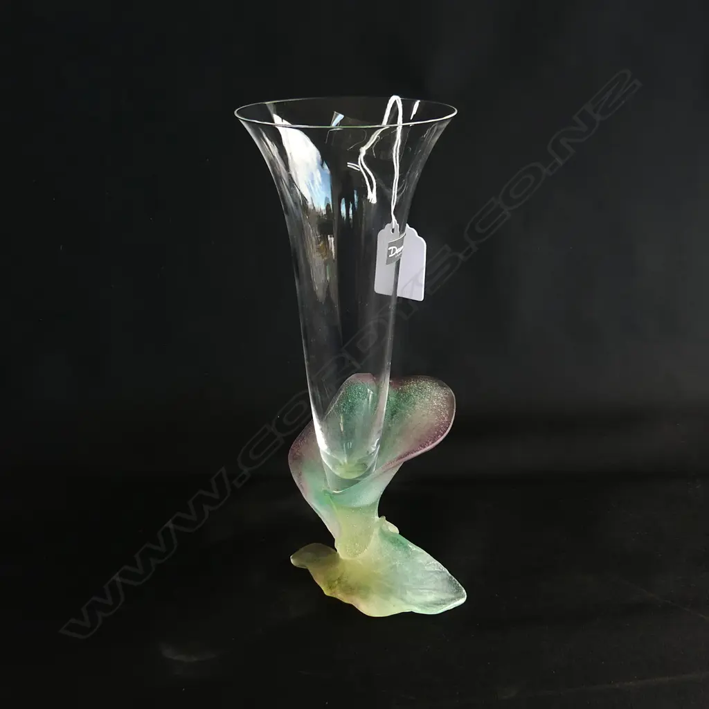 DAUM FRANCE VASE WITH FLORAL FROSTED GLASS BASE.WITH ORIGINAL PAPER LABEL H 230 MM Image 1++