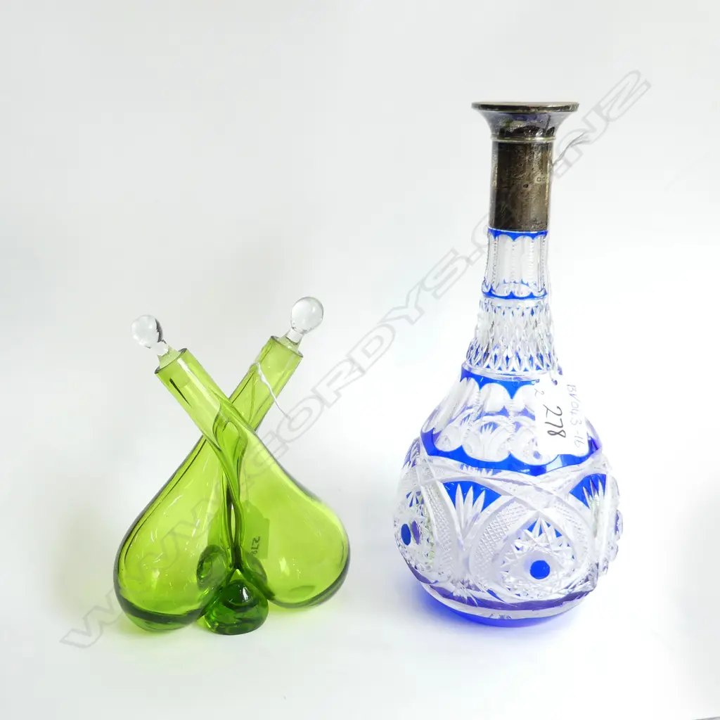 BOHEMIAN BLUE & CLEAR CUT CRYSTAL DECANTER STG SILVER COLLAR (H240MM) + OLIVE TWISTED TWIN GLASS OIL BOTTLES & STOPPERS. Image 1++