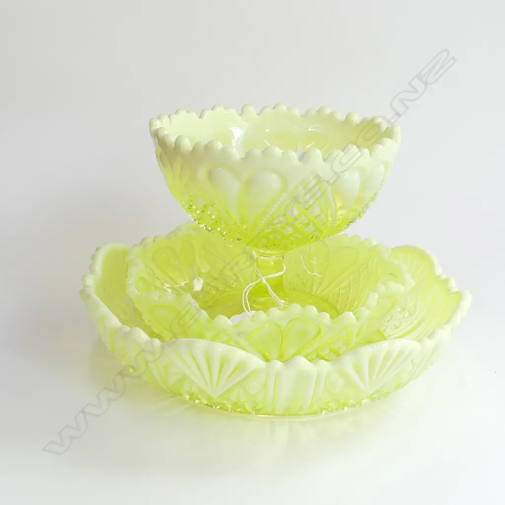 3 PCES VICTORIAN VASELINE GLASS 230mm dia Image 1++
