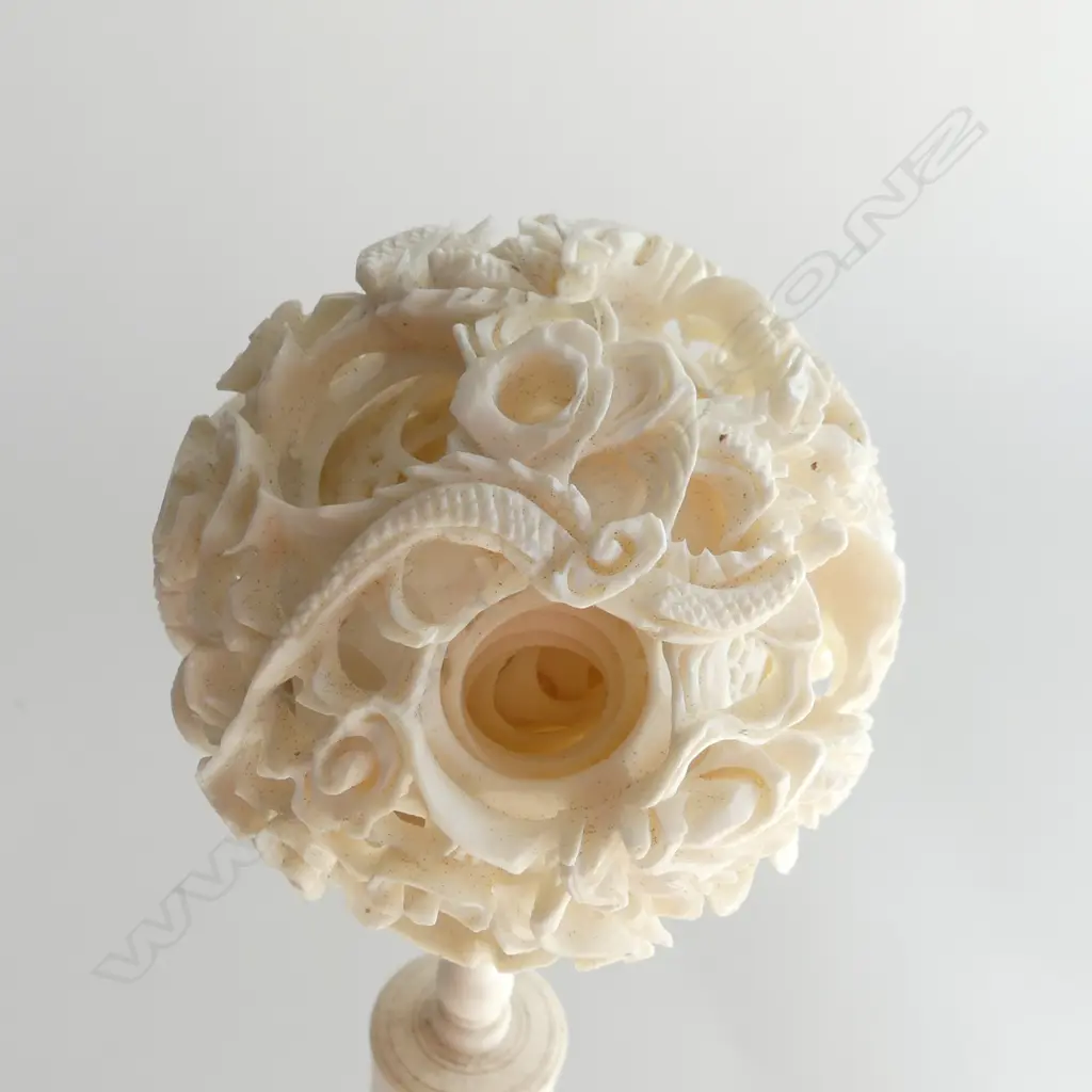 CHINESE IVORY & PLASTIC PUZZLE BALL ON STAND H.265mm... Image 1++