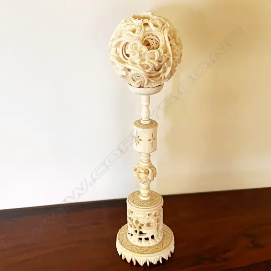CHINESE IVORY & PLASTIC PUZZLE BALL ON STAND H.265mm...