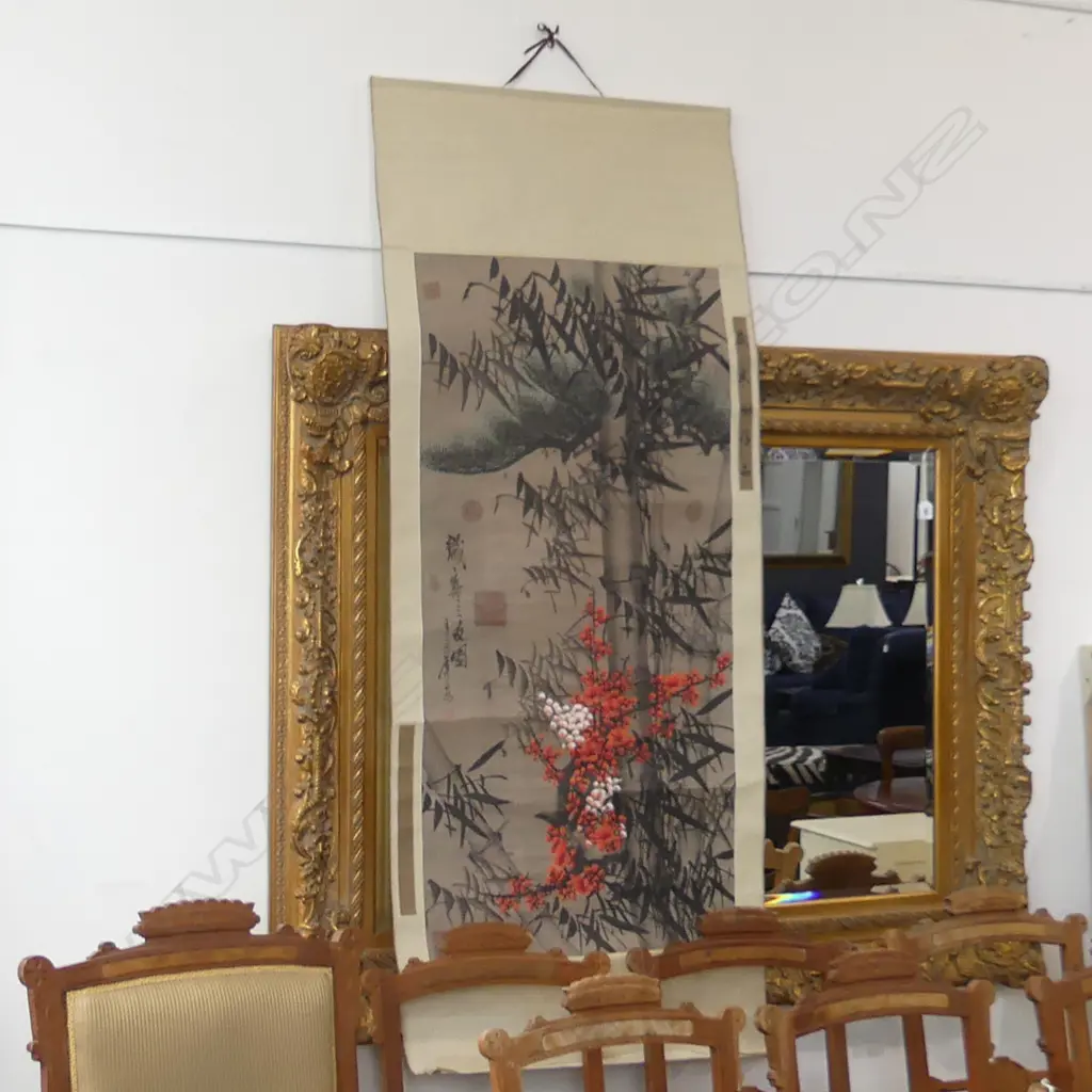 OLD ORIENTAL SCROLL WITH BLUE & WHITE CHINA ENDS Image 1++