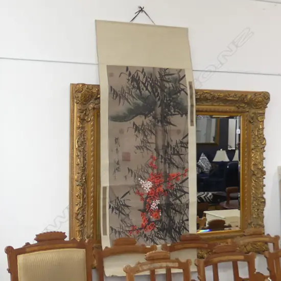 OLD ORIENTAL SCROLL WITH BLUE & WHITE CHINA ENDS