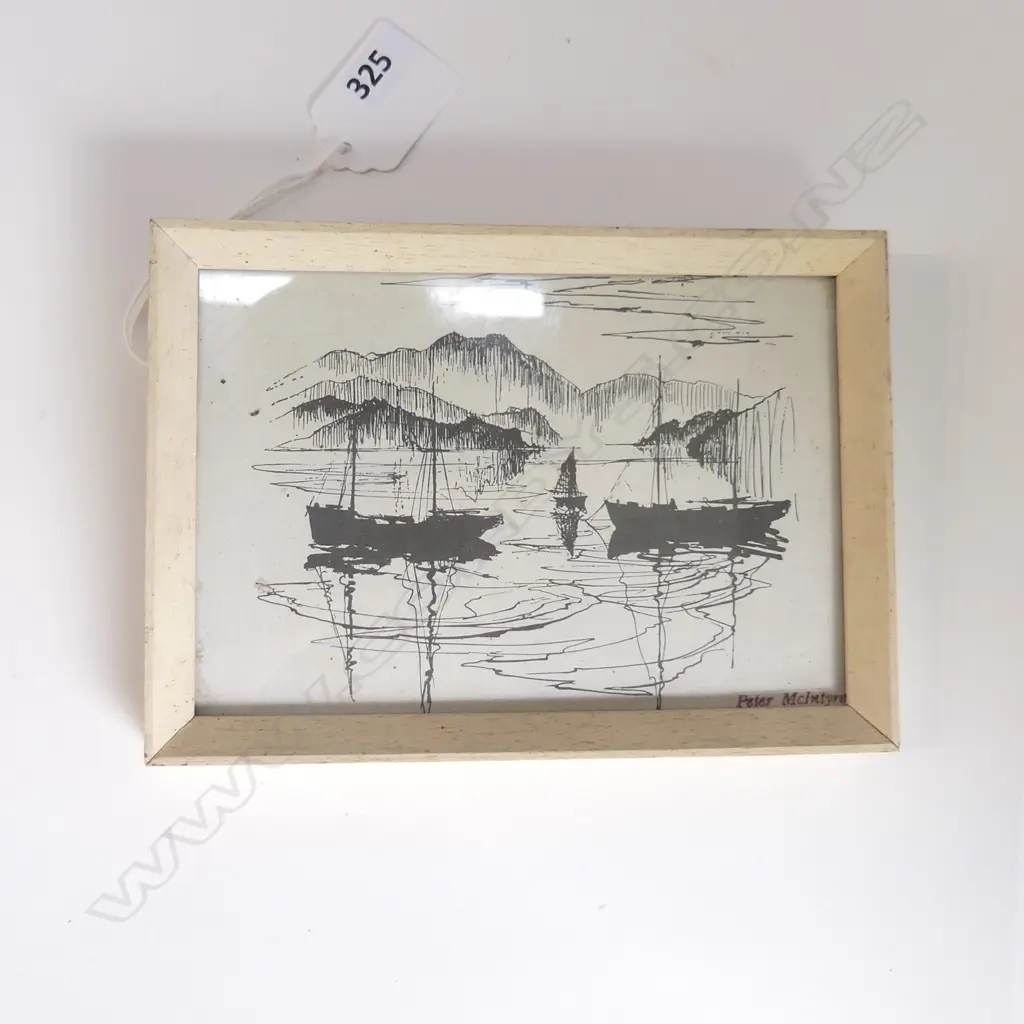 SMALL FRAMED PETER MCINTYRE PRINT. OTAGO HARBOUR FROM PORTOBELLO . H.95 mm x W140mm . Image 1++