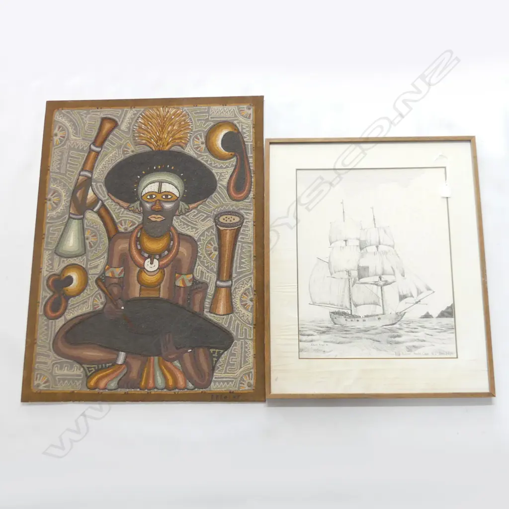 2 ARTWORKS; ENGA SAND PAINTING SIGNED EPEO '95 820x610mm + RICHARD HORNER  + FRAMED TEACUP   PRINT 'BRIG ACTIVE' 233/500 Image 1++