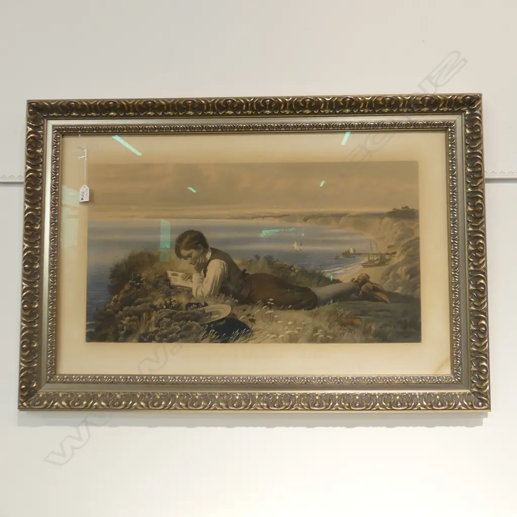 LGE FRAMED VICTORIAN LITHOGRAPH 'ABSORBED IN ROBINSON CRUSOE' 520x840mm Image 1++