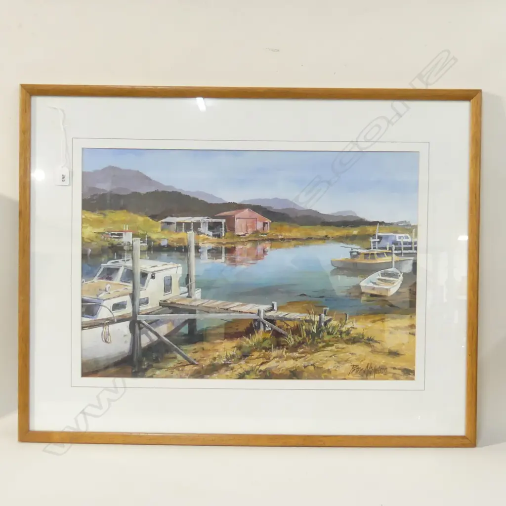 PETER NICHOLSON, WHARF & BOATS, OIL ON CANVAS, SIGNED, 400x585mm Image 1++