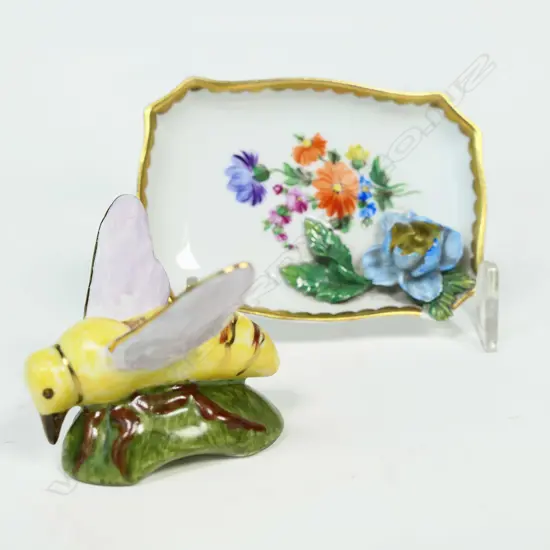2 PCS: GERMAN PORCELAIN BEE (H. 4.2mm) & DRESDEN PIN DISH (H.9mm)
