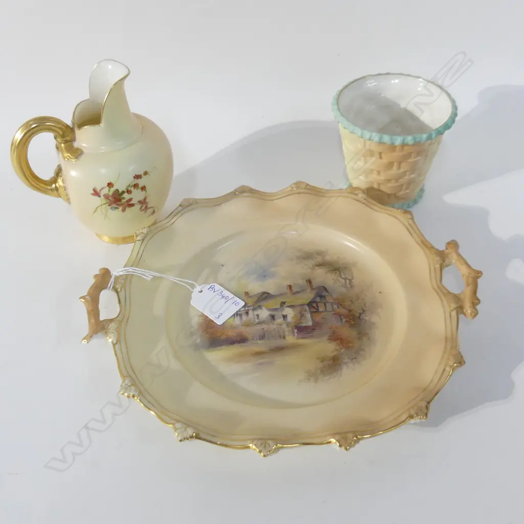 3 PCES ROYAL WORCESTER BLUSH; BASKET, JUG & PLATE (AF) W.260mm Image 1++