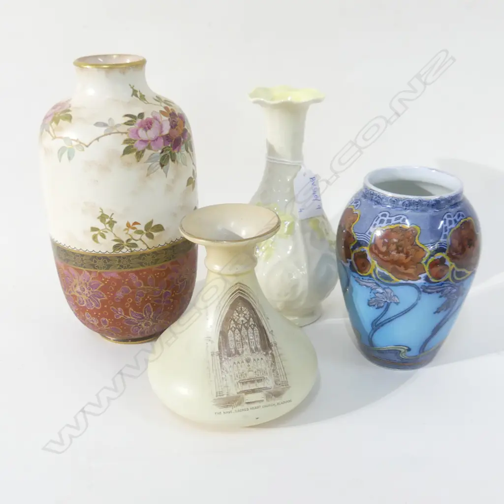 4 VASES; SHELLEY, ART NOUVEAU KELMSCOTT COLONIAL POTTERY, DOULTON BURSLEM H.200mm & BELLEEK Image 1++