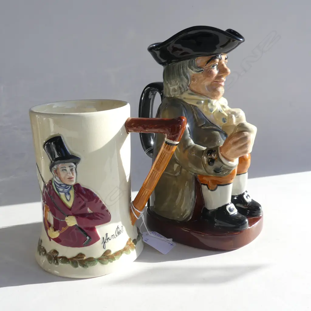 ROYAL DOULTON CHARACTER JUG 'HAPPY JOHN' (H225MM) + CROWN DEVON 'JOHN PEEL' MUSICAL TANKARD (H 150MM) Image 1++