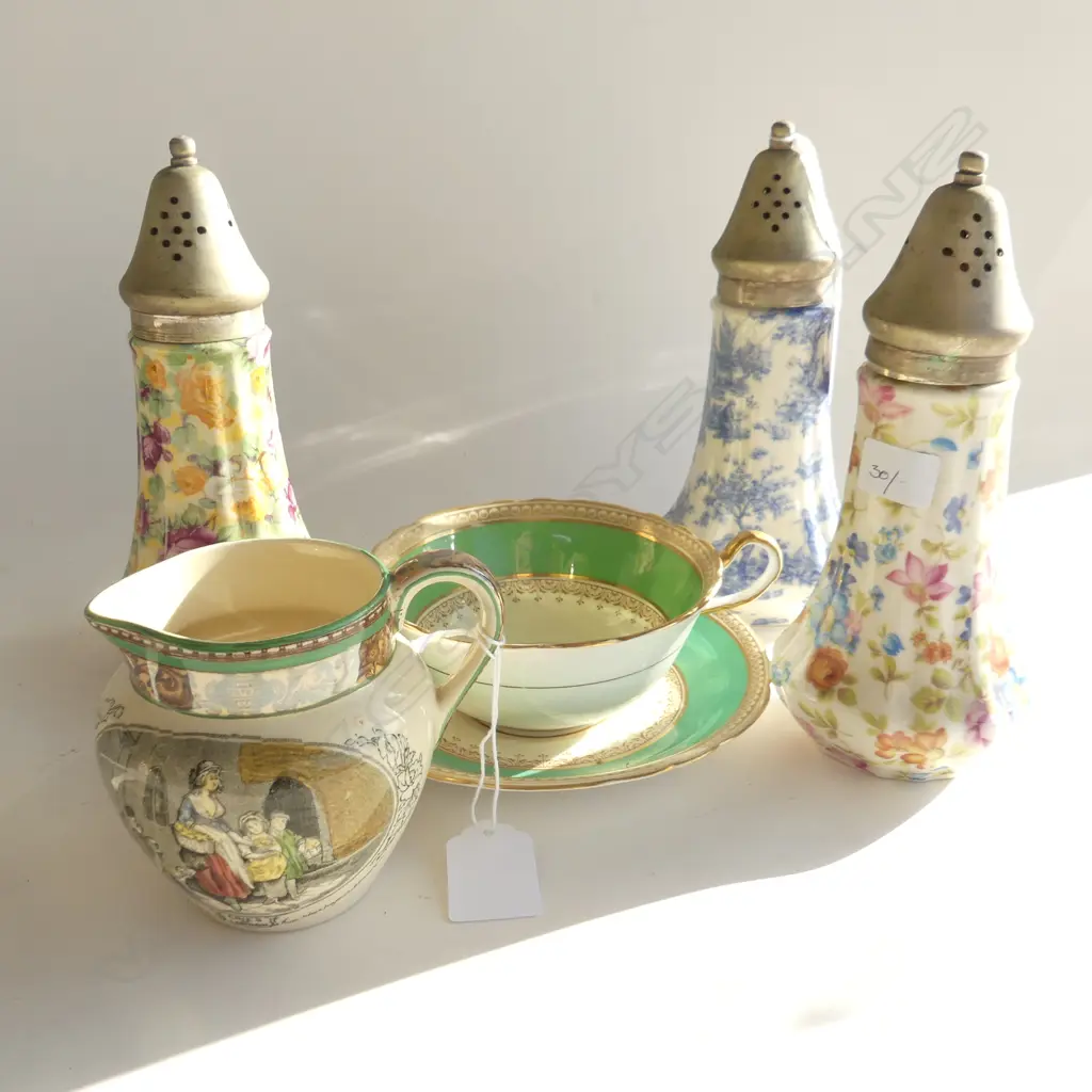 3 FLORAL SUGAR SIFTERS H.190mm + SOUP & SAUCER, 'CRIES OF LONDON' JUG Image 1++