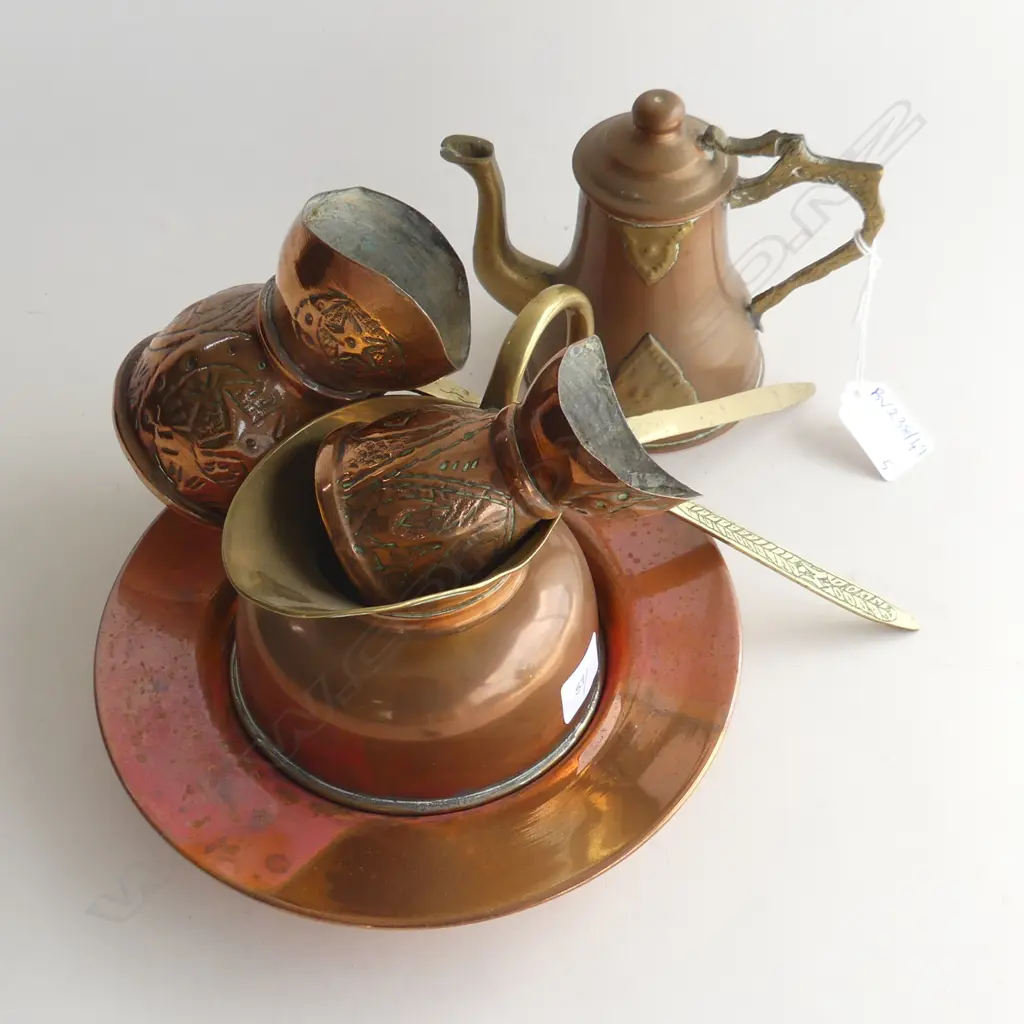 5 COPPER PCES; DISH, JUG, TEAPTOT, PR MEASURES Image 1++