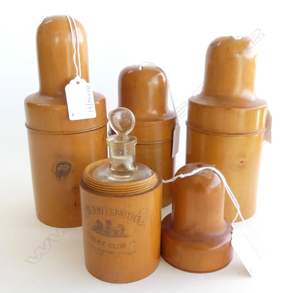 4 TREEN TOILET BOTTLE HOLDERS WITH BOTTLES 200MM & 150MM Image 1++
