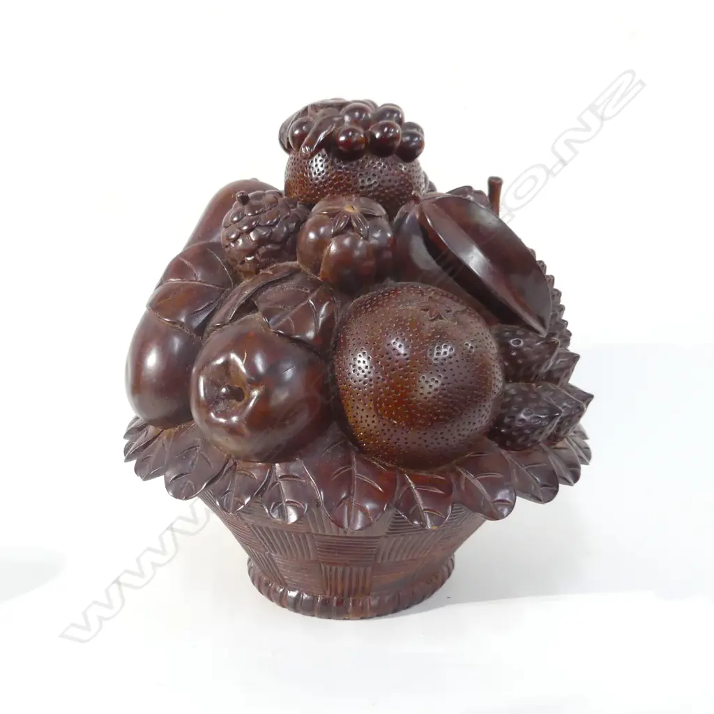 LARGE CARVED HARDWOOD ITEM AS FRUIT IN BOWL. POSSIBLY INDONESIAN. H.300mm. Image 1++