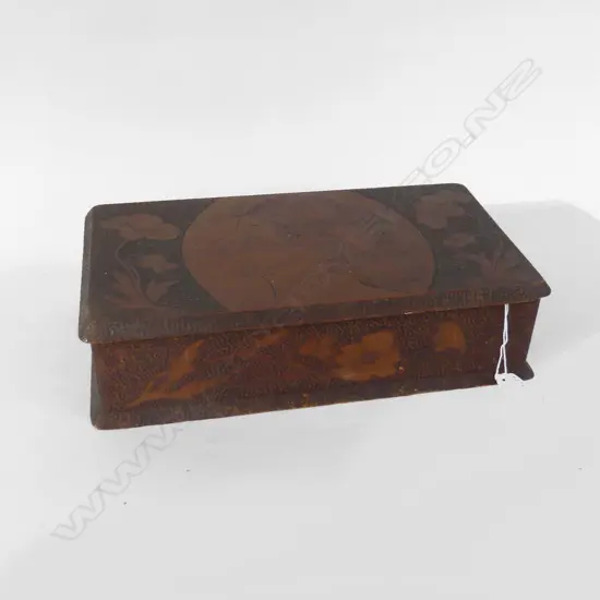 KAURI ART NOUVEAU FOLK ART POKER WORK HINGED BOX L 310MM